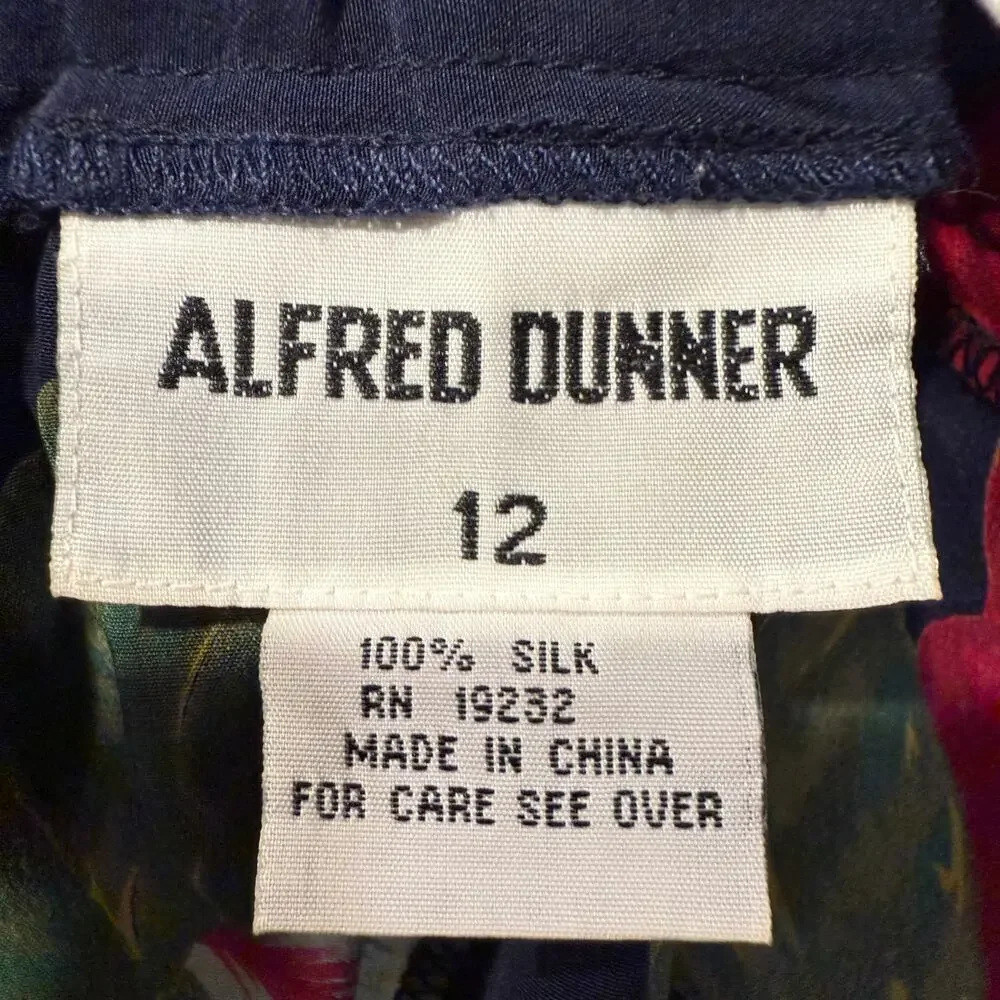 Vintage Alfred Dunner Silk Dark Navy Blue Tropical Floral Midi Skirt Size 12